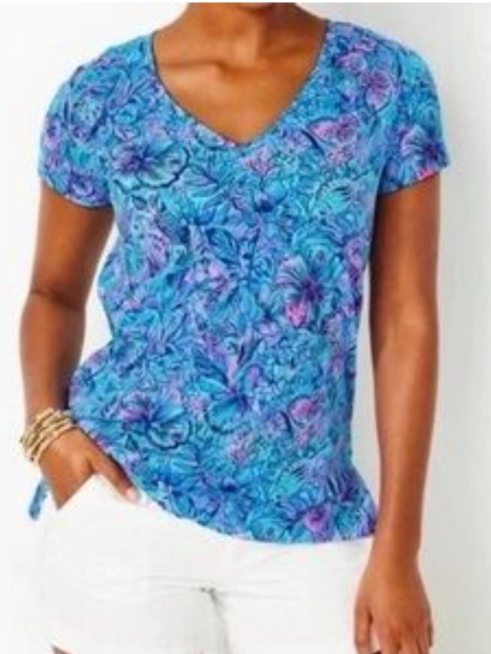 Lily Pulitzer V-neck T-shirt Blue With Pink Floral Shells Fish Large